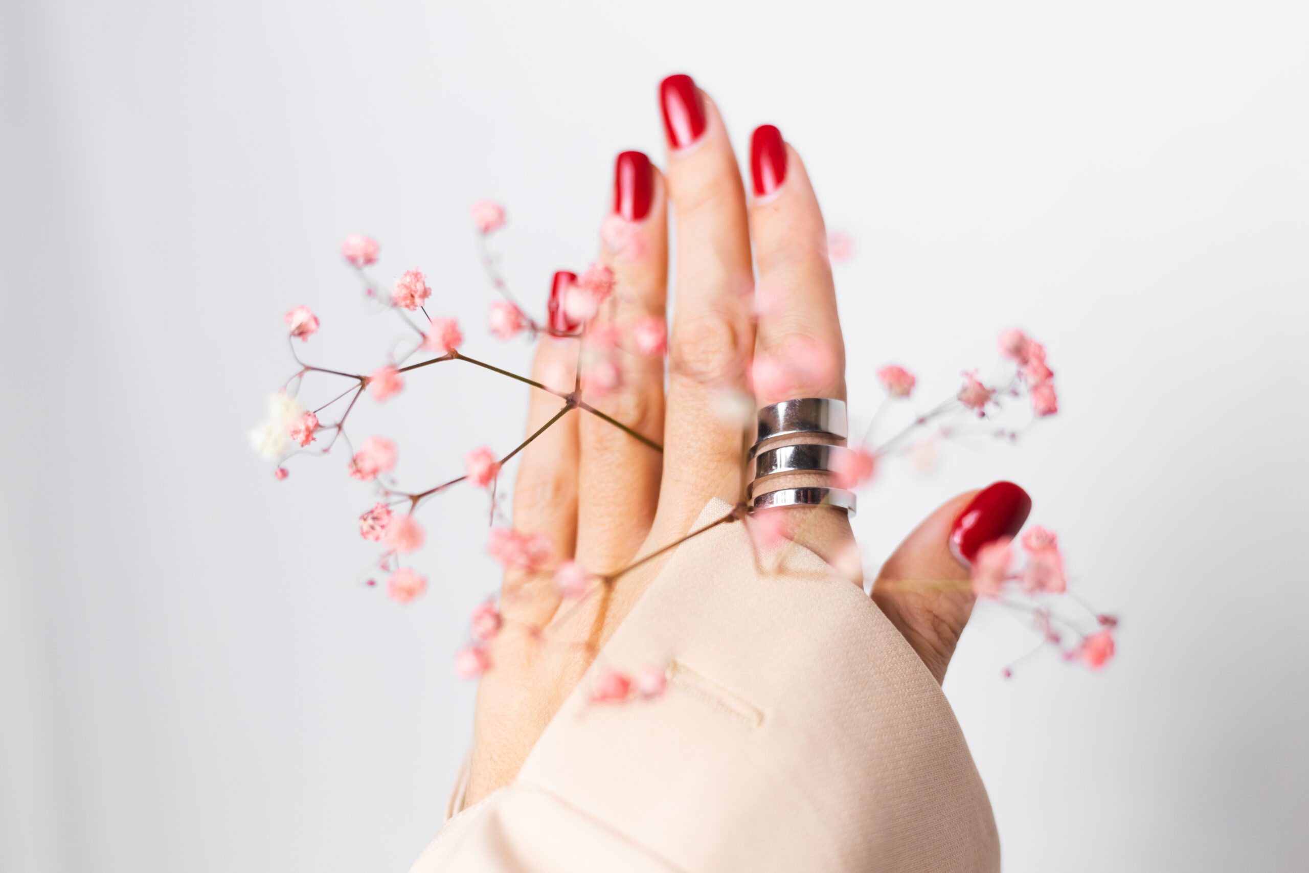 soft gentle photo woman hand with big ring red manicure hold cute little pink dried flowers white scaled