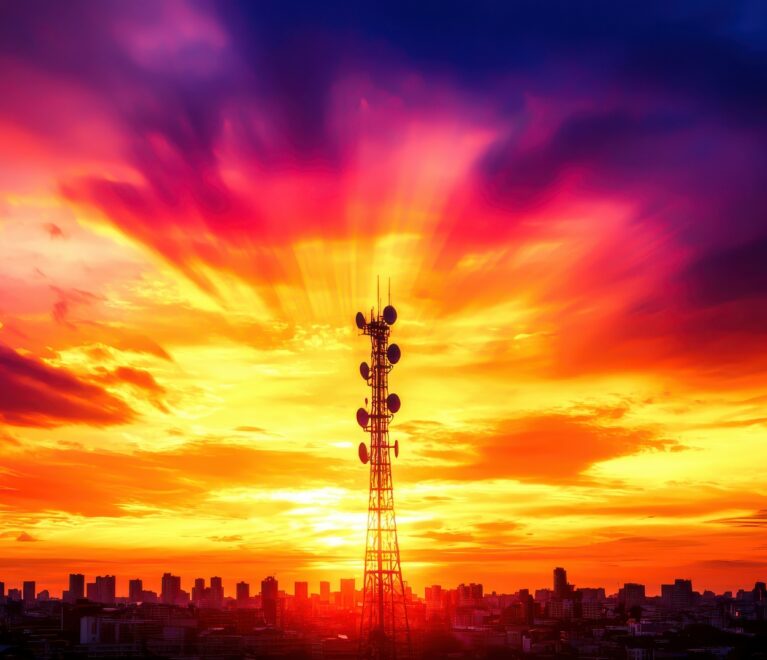 A stunning sunset casts vibrant colors across the sky, highlighting a communication tower silhouette against the city skyline at dusk.