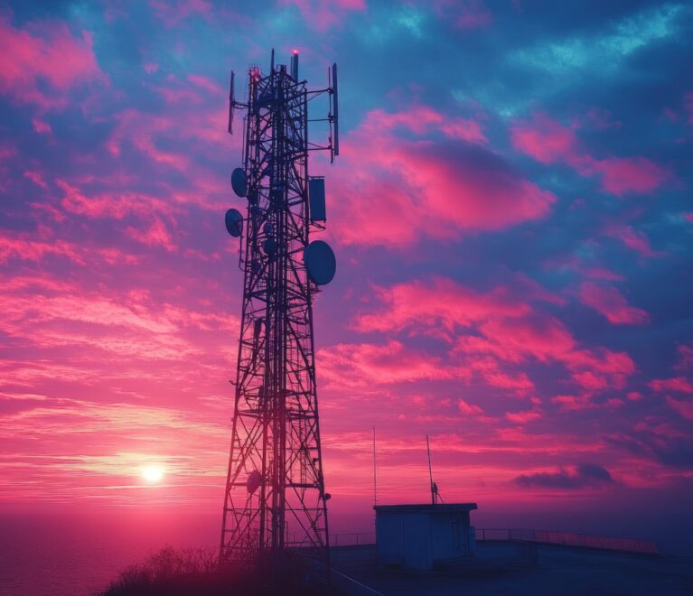 The image features a cell tower silhouetted against a vibrant sunset sky. The sky is awash with pink and blue hues, creating a dramatic backdrop for the tower's intricate structure. The sunset casts a warm glow, highlighting the tower's form and emphasizing its height. Below the tower are some buildings, adding depth to the composition. This image can be used for telecommunication, broadcasting, technology or infrastructure-related topics. Its colorful and dynamic composition would make it suitable for illustrations, website banners, and advertising material.
